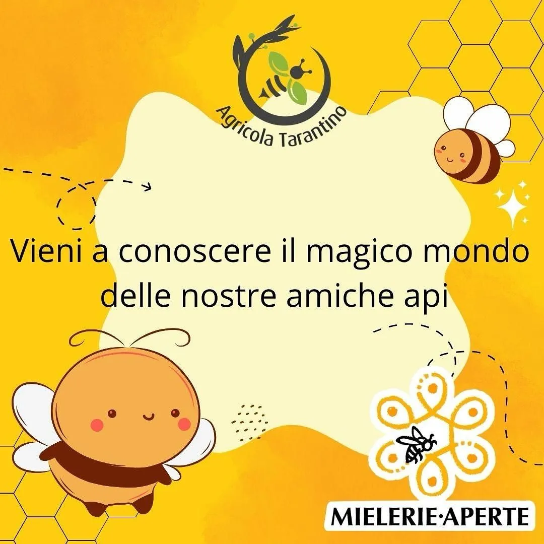 Event poster: a cartoon bee invites you to discover the magical world of bees, with the Agricola Tarantino and Mielerie Aperte logos